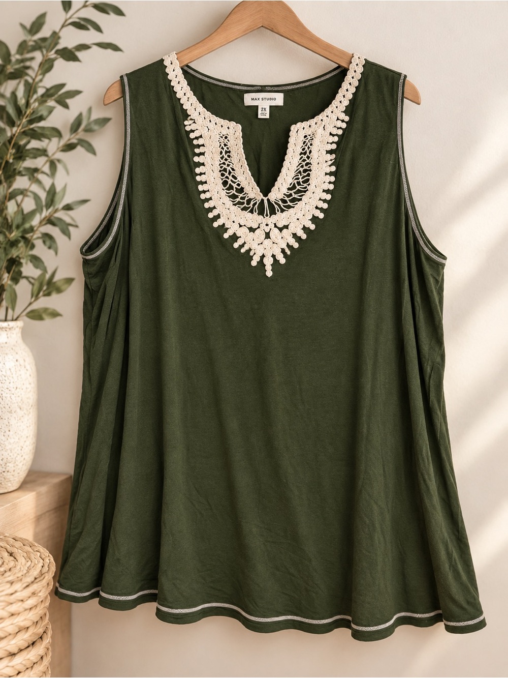 Max Studio Olive Green Crochet Lace Trim Sleeveless Tank Top Boho Plus Size 2x